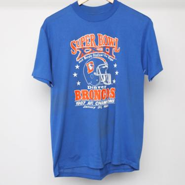 vintage 1987 DENVER BRONCOS blue and orange AFC champs 50/50 single stitch t shirt -- size large 