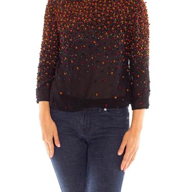 1990S Bill Blass Black  Orange Beaded Embroidered Silk Chiffon Top 