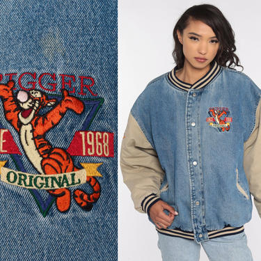 Winnie The Pooh Jacket Tigger Varsity Jacket Disney Denim Jacket 90s Baseball Coat Jean Letterman Blue Bomber 1990s Vintage Retro Large 