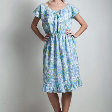 vintage 70s summer dress blue floral cotton pleated hem elastic waist LARGE EXTRA Large L XL 