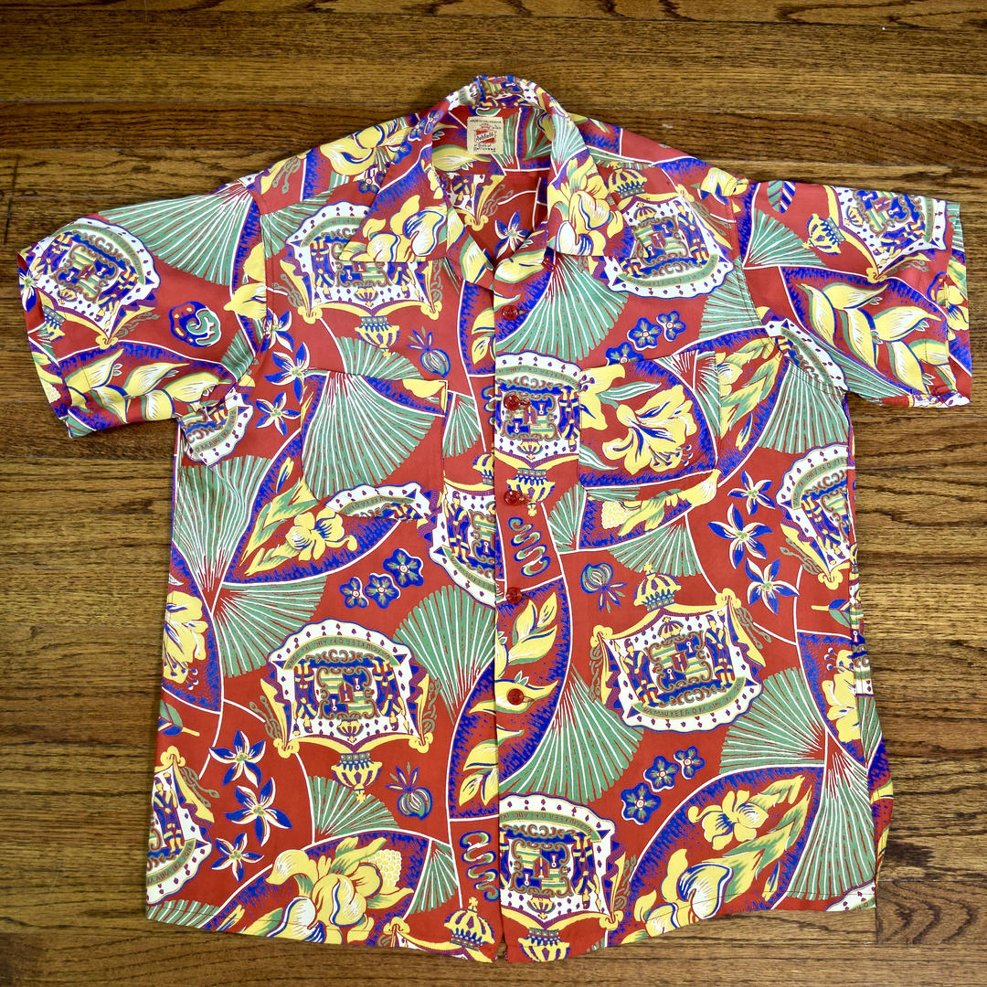 1950'S ASHFIELD MASONIC SHRINER RAYON HAWAIIAN SHIRT SZ/M