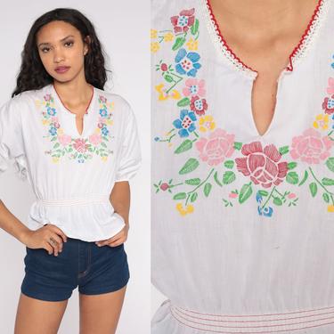 70s Peasant Top Floral Top Hippie Boho Blouse 1970s Bohemian Blouse Vintage White 1970s Crochet Trim Short Sleeve Shirt Small xs s 