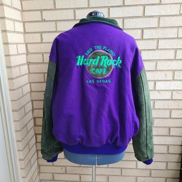 Vintage Hard Rock Cafe Las Vegas &quot;Save The Planet&quot; Varsity Jacket, Green and Purple Jacket, Green Suede Jacket, XL/XXL 