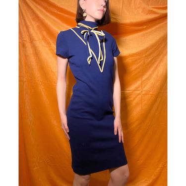 60s Navy Cap-Sleeved Knee-length Turtleneck Dress with Matching Kneck-Tie 