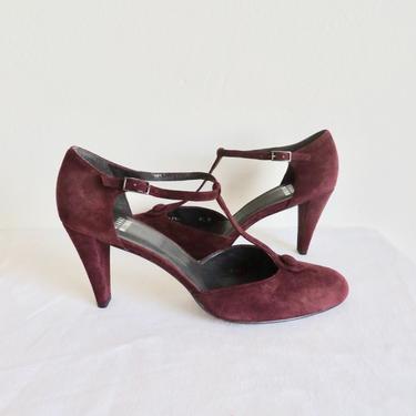 Vintage Size 8.5 Burgundy Suede T Strap Pump Heels Stuart Weitzman 1920's 1930's Flapper Art Deco Great Gatsby Style Shoes 