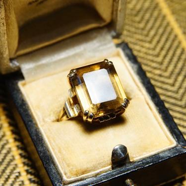 Vintage 10k Gold Smoky Quartz Cocktail Ring, Prong-Set Champagne Gemstone, Emerald Cut, Yellow Gold Setting & Band, Size 6 1/4 US 