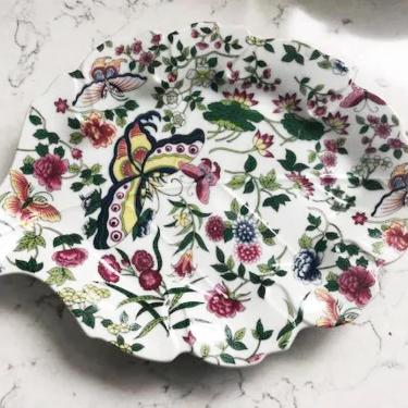 Antique Beautiful Leaf Dish by Edna Mann &quot;Thousand Butterflies&quot; Multi Color Flowers on Porcelain by LeChalet