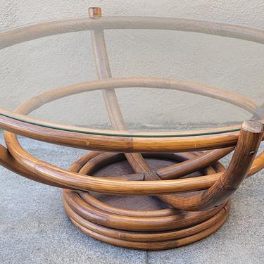 Vintage Boho Chic Organic Modern Dark Brown Rotating Bamboo Coffee Table With Glass Top