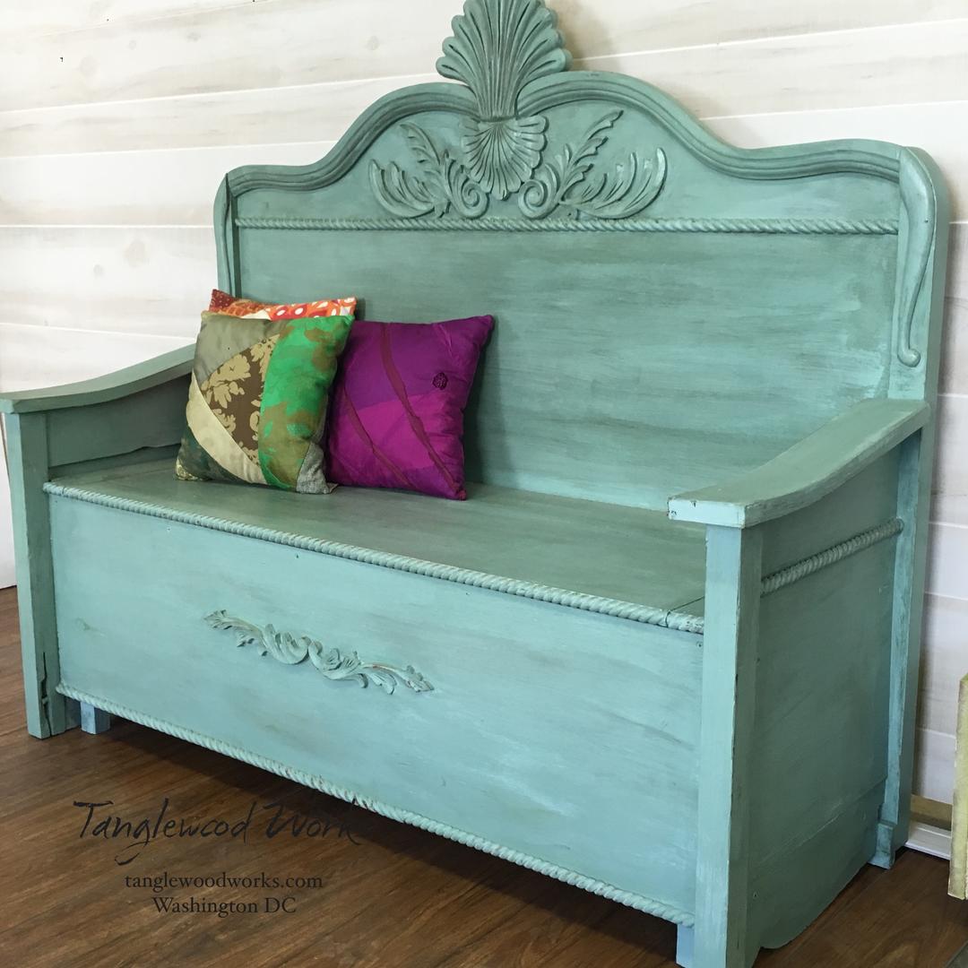 Upcycled Blue Storage Bench in DIY Chalk & Clay Paint in Farm Fresh