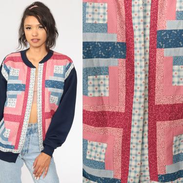 Patchwork Cardigan Sweater 80s Open Front Sweatshirt Boho Hippie Pink Navy Blue 1980s Preppy Grandma Vintage Large 