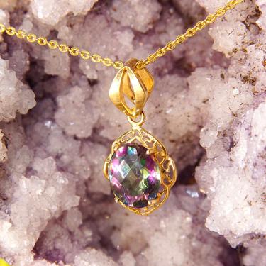 Vintage 14K Mystic Fire Topaz Pendant, Faceted Purple & Green Gemstone, Ornate Yellow Gold Setting, Stylized Necklace Bail, 26mm x 13mm 