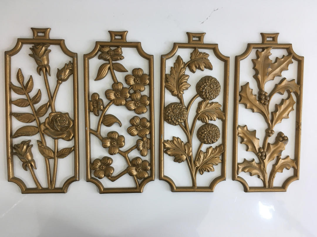 Vintage Sexton Metal Wall Hangings Flowers Set Of Four 4 1970s