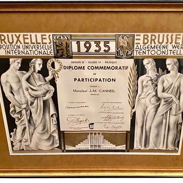 Commemorative Diploma for Jean Canneel Belgian Artistic Art Deco Exposition 