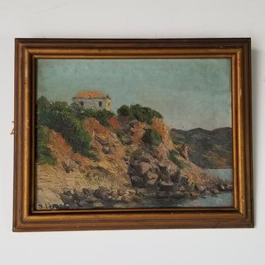 1940s Coastal Landscape Oil Painting by S. Leonidas 