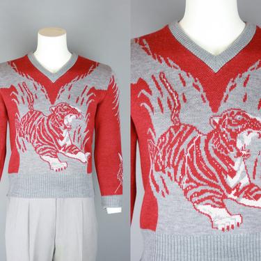 GROOVIN HIGH Tiger Sweater | 1940s Style Knit Wool Pullover with Dark Red & Grey Design | XS 