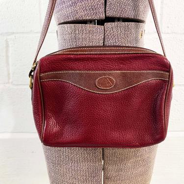 Vintage Burgundy Liz Claiborne Crossbody Purse 1980s Genuine Leather Trim Bag Adjustable Strap Structured Handbag Pebble Brown Maroon 