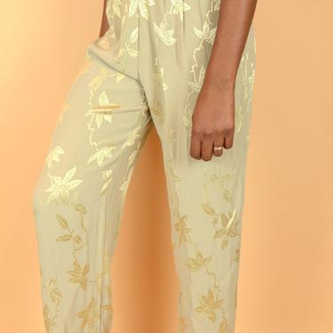 Vintage Beige Gold Bronze Floral Leaf Print High Rise Pleated Pants Trousers 