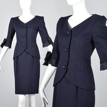 XS Scaasi Navy Blue Skirt Suit Summer Cotton Suit Short Sleeve Jacket Two Piece Dress Suit Femme Fatale Designer Suit Hourglass Vintage 