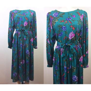 Vintage 80s LANZ Teal Floral Rayon Dress S/M 