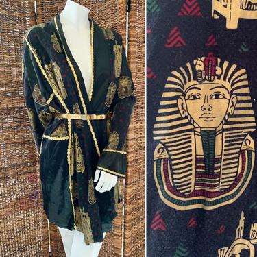 Egyptian Vibe Kimono, Duster, Robe, Metallic Trim, King Tut, Sphinx, Smoking Jacket, Vintage 70s 80s 