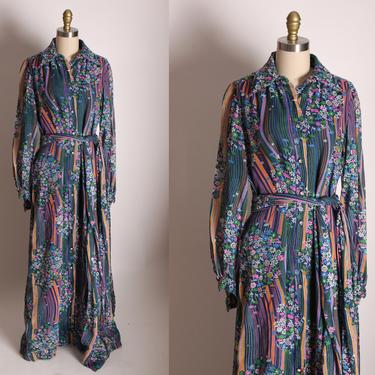 1960s Blue, Pink and Orange Multi-Colored Swirl Floral Psychedelic Long Sleeve Rhinestone Button Belted Dress by Futura Couture of New York 