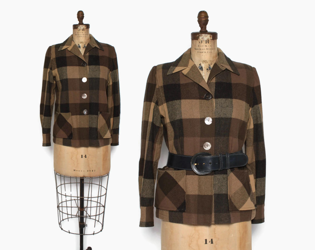 Vintage 50s Pendleton 49er JACKET / 1950s Brown & Black Plaid Wool
