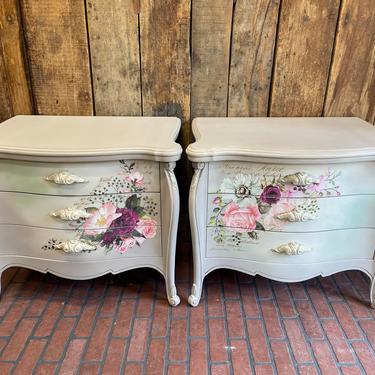 Beautiful pair of vintage French end tables, French refurbished furniture, wood carved night stands, painted with Dixie Belle chalk paint 