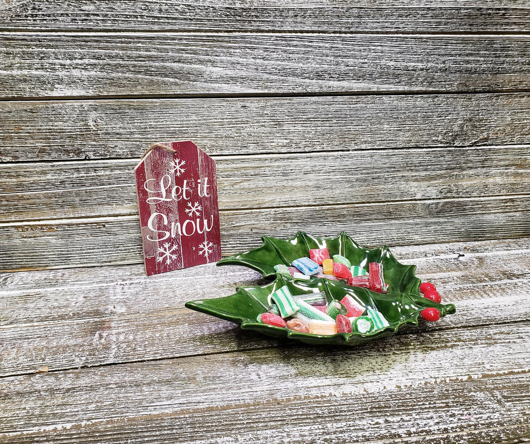 Vintage Holly Leaf Candy Dish, Ceramic Nut Bowl, Divided Green A GoGo