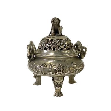 Chinese Silver Color Round Foo Dogs Theme Incense Burner Display ws1607E 