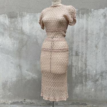 vintage crochet pencil dress Vintage 1940s Pink Ribbon Knit Dress Full Length | Strange Desires -  Alhambra, CA