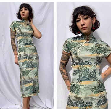 1950's Qipao Dress / Vintage Party Dress / Fifties Cocktail Dress / Hourglass Dress / Scenic Print Dress / Cheongsam Long Dress 