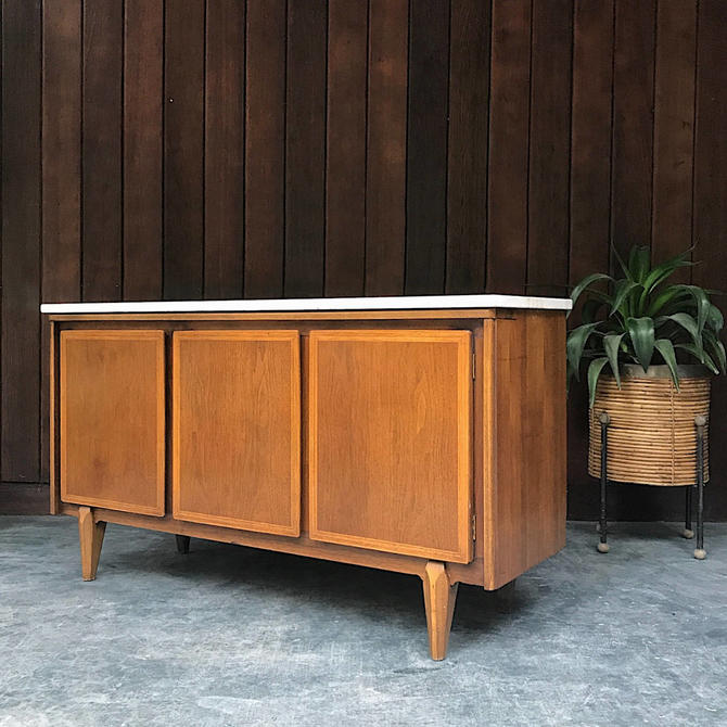 Mid Century Travertine Walnut Credenza Vintage American Modern