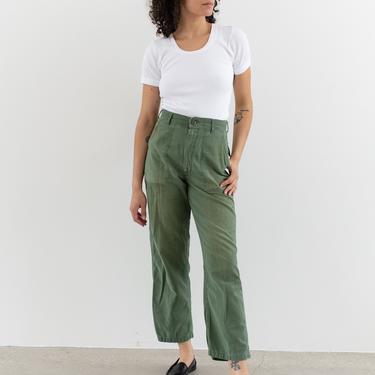 Vintage 27 28 Waist Olive Green Army Pants | Utility Fatigues Military Trouser | Zipper Fly | F256 