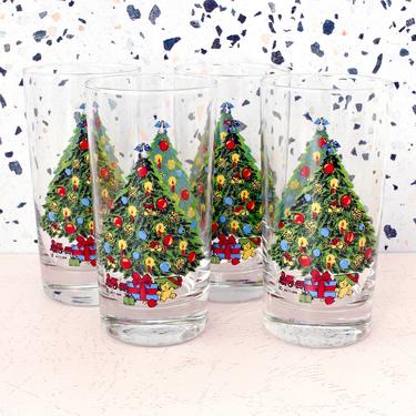 Vintage 1980s Christmas Tree Drinking Glasses - Action Industries Holiday Glass Tumbler Set - Set/4 