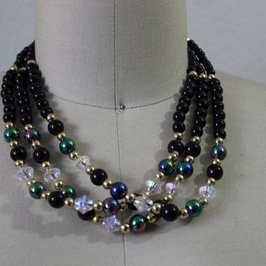 Vintage NOS Mid Century Black Opalescent gold Lucite Beaded Three(3) Strand Choker Necklace / Triple Necklace 