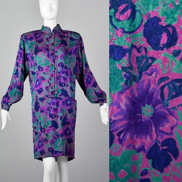 XS Emanuel Ungaro Purple Floral Print Dress Loose Fit Long Sleeve Patch Pockets Lightweight Silky Feel Vintage 1980s 