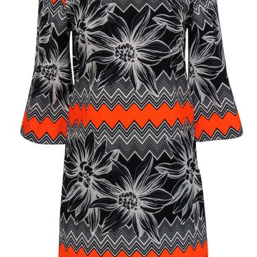 Milly - Black, Orange &amp; White Chevron &amp; Floral Print Shift Dress Sz 6