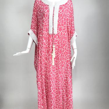 Jeannie McQueeny Pink &amp; White Silk Heavily Beaded Caftan Laced Front Tassel Ties