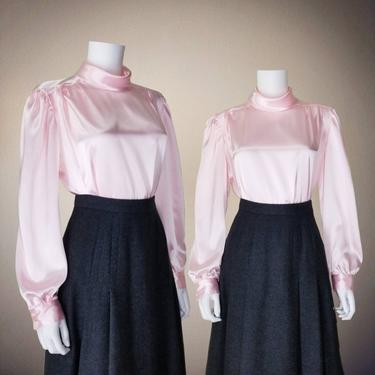 Vintage Liquid Satin Blouse, Medium Large / Pink High Neck Blouse / Silky Cocktail Blouse / 1980s Ruched Neck Top / Long Sleeve Dress Blouse 