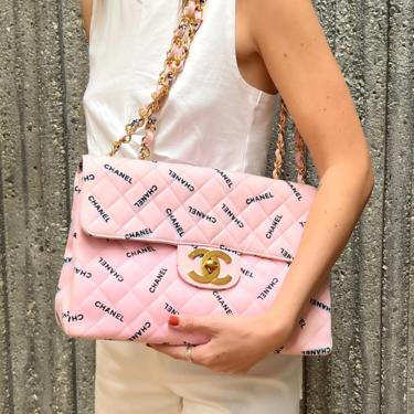 CHANEL CC PINK BLACK LOGO LETTER PRINT VINTAGE MAXI JUMBO FLAP CHAIN  SHOULDER BAG