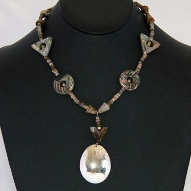 Big 60's zebra jasper 925 sterling silver brass copper hippie Y pendant, unusual geometric mixed metal & stone tribal necklace 