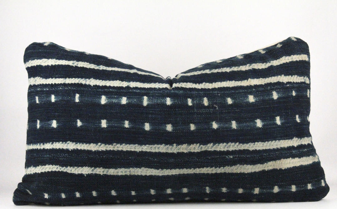 Acoustic in Blue Mudcloth Pillow Medium Lumbar Spilled Paint Design