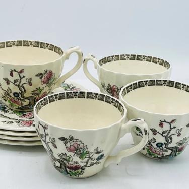 Vintage (4) Sets Myott Staffordshire DYNASTY Swirled Indian Tree Tea Cups and Saucers England- Nice Condition 