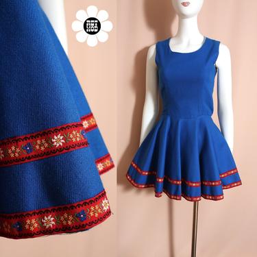Sweet Vintage 60s 70s Blue German Style Mini Dress with Red Floral Trim 