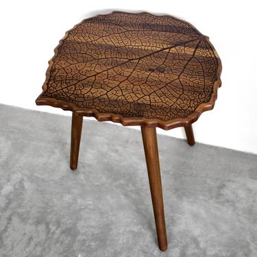 Engraved Walnut Hardwood LEAF with Turned Wood Legs - End / Side Table or Night Stand - Modern Mid Century Boho Furniture Design Eames 