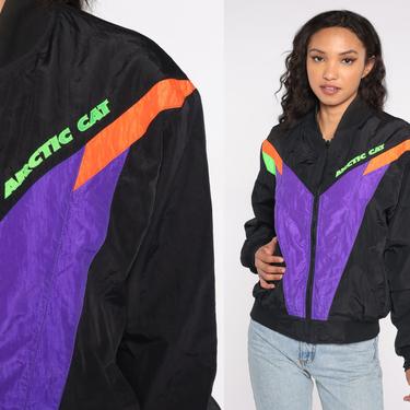 90s Arctic Cat Ski Jacket Snowmobile Jacket Racing Black Purple Striped Bomber Winter Coat Zip Up Color Block Retro Vintage Medium M 