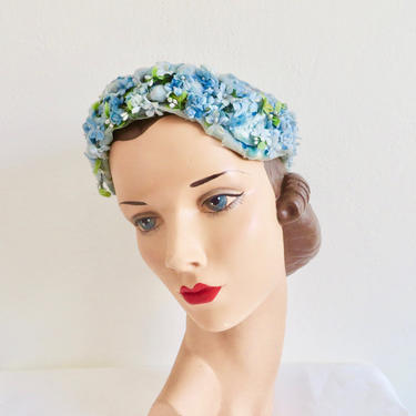 vintage 1950s blue flower hat modern miss 50s fashion easter wedding pillbox Vintage 50s Blue Floral Pillbox Hat. 50s Fancy Floral Hat - Etsy main image 4