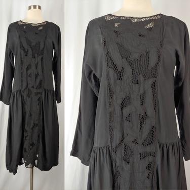 Vintage 80s Black Long Sleeve Drop Waist Dress - Eighties Long Sleeve Lilly Lace Black Rayon Dress - 20s Flapper Style Black XS Dress 