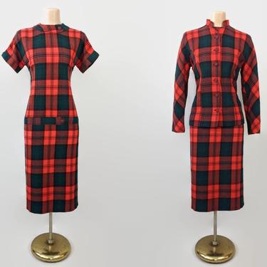 VINTAGE 50s Red & Green Plaid Pencil Dress and Jacket Set | 1950s Dress Suit | Drop Waist Wiggle Dress Fitted Jacket | 49er Style Outfit 