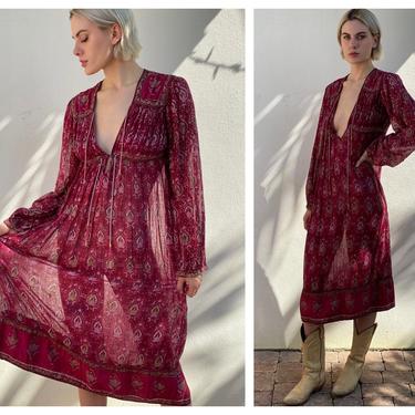 Vintage Adini Indian Cotton Maxi Dress / Hand Block Printed / Floral Boho Flowy Breezy Dress / Maroon with Deep V Neck / Sheer See Through 